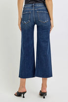 RISEN Dark Washed High Rise Crop Wide Button Down Jeans