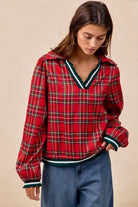 BiBi Christmas Red Plaid Collared Top with Ruffled Detail