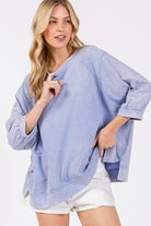 SAGE + FIG Blue Purple Mineral Washed Side Slit Round Neck Sweatshirt