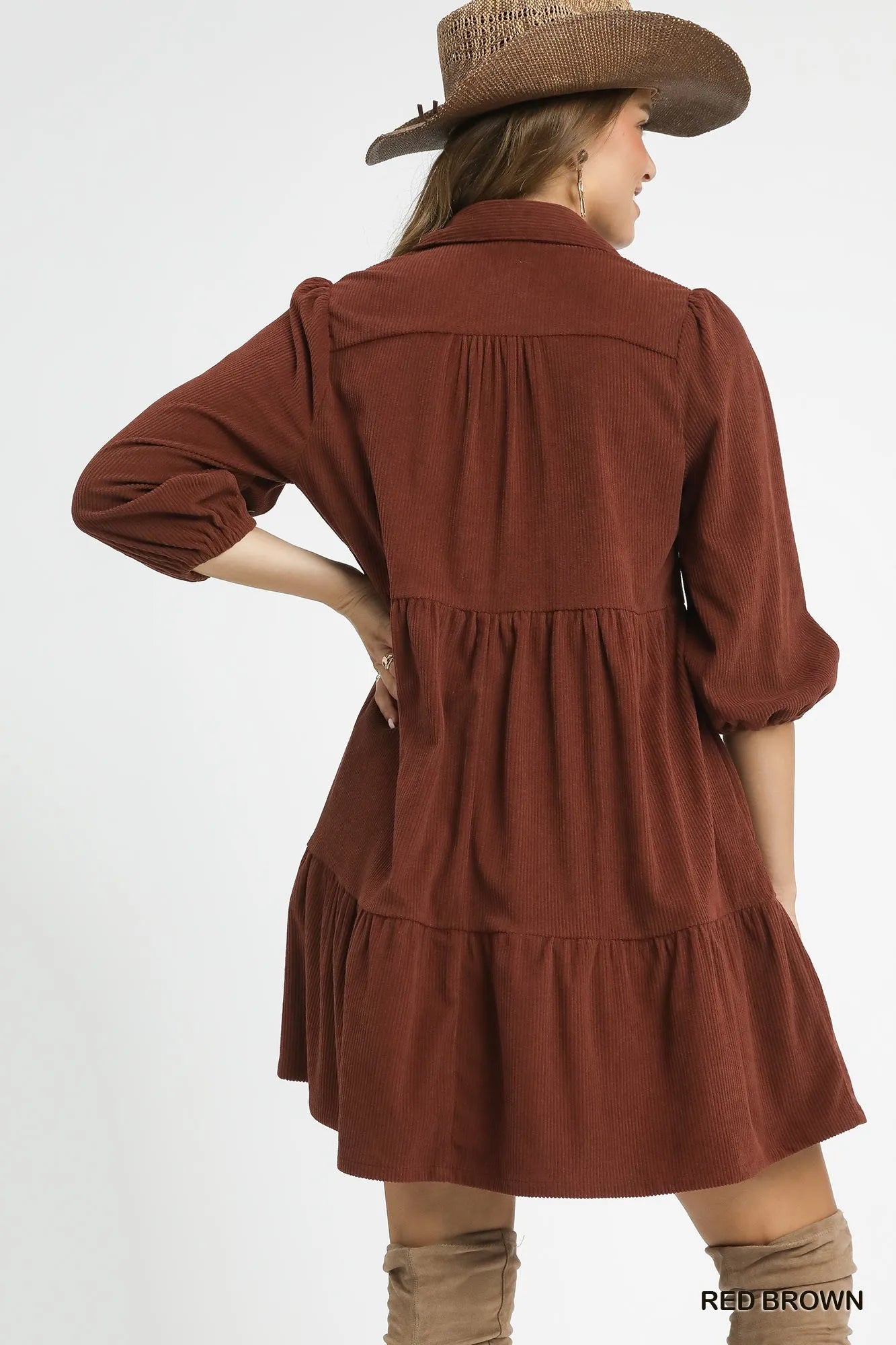 Umgee Red & Brown Tiered Corduroy Mini Dress with Balloon Sleeves