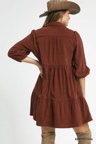 Umgee Red & Brown Tiered Corduroy Mini Dress with Balloon Sleeves