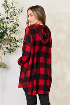 Heimish Red & Black Plaid Button Front Hooded Shirt Trendsi