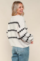 Haptics Ivory & Black Textured Stripe Comfy Pullover Sweater