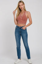 Zenana Rust Washed Ribbed Seamless Button V-neck Tank Top