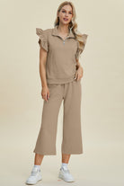 Double Take Geometric Textured Ruffle Short Sleeve Top and Wide Leg Pants Set Khaki Loungewear