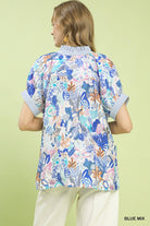 Umgee Blue Mix Boho Printed V-Neck Blouse