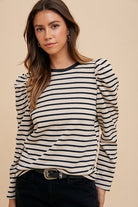 Annie Wear Black Striped Round Neck Puff Sleeve French Terry Top Black