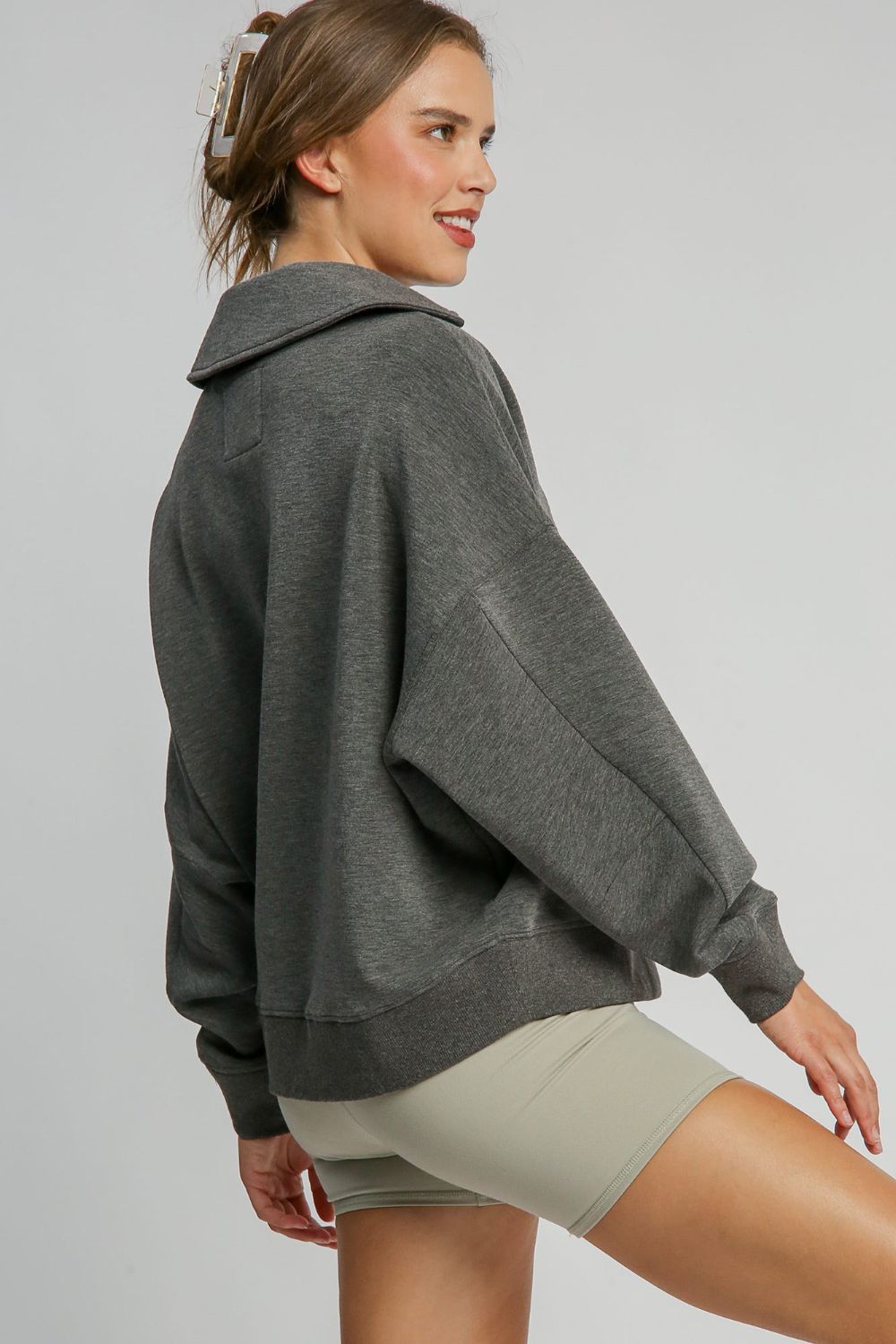 Umgee Johnny Collar Dropped Shoulder Sweatshirt in Charcoal Shirts & Tops