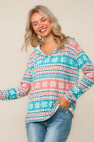 Haptics Teal/Red/White Snowflake Print Brushed Hacci Hoodie Pullover