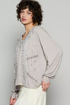 POL Romantic Taupe Floral Embroidery Woven Blouse with Lace Trim