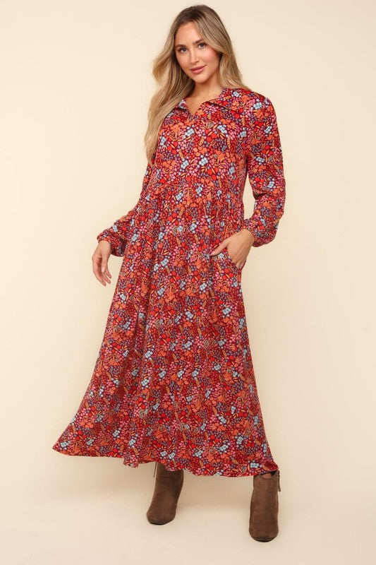 Haptics Casual Living Burgundy Floral Collared Fit & Flare Maxi Dress Haptics