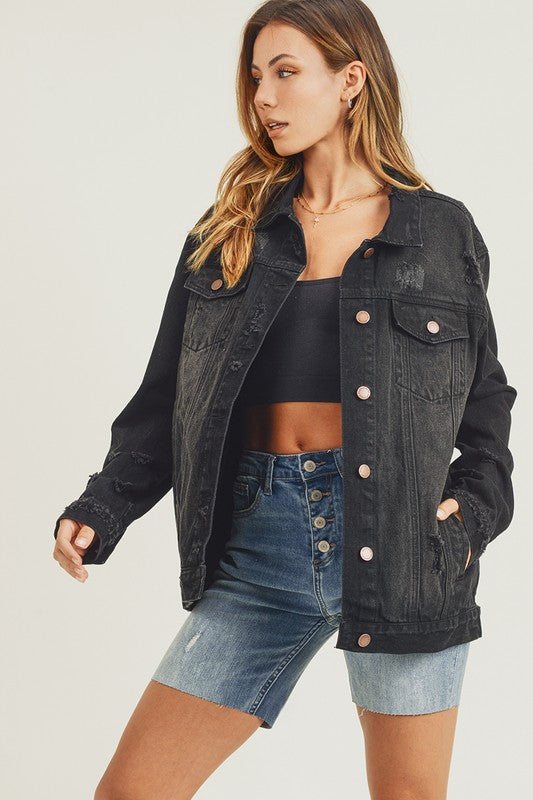 RISEN Black Distressed Long Sleeve Denim Jacket Coats & Jackets