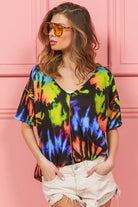 BiBi Tie Dye Print Jersey Stitched V Neck Top