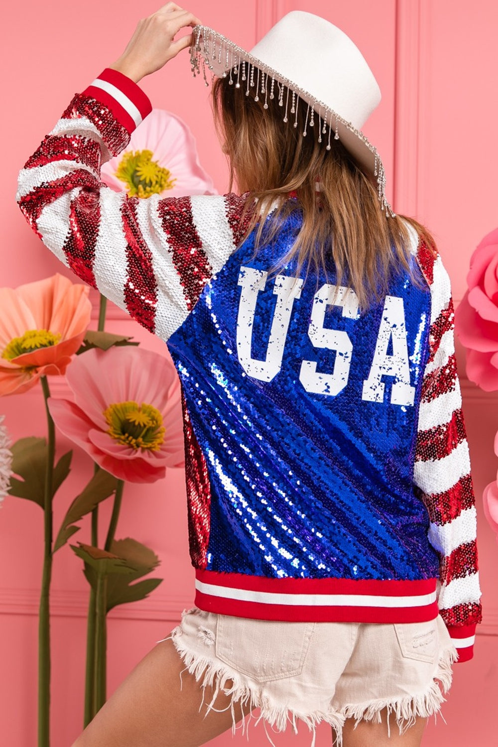 BiBi US Flag Theme Color Block Sequin Bomber Jacket Trendsi