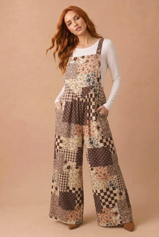 Haptics Cozy Patchwork Dreams Wide Leg Overall Set