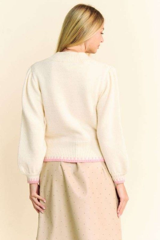 Davi & Dani Has Ivory Flower Patch Fuzzy Mock Neck Sweater