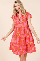 Mittoshop Coral Leaf Print Ruffle Sleeve Tiered Mini Dress