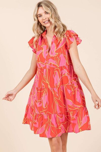 Mittoshop Coral Leaf Print Ruffle Sleeve Tiered Mini Dress