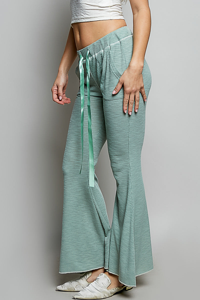 POL Pale Sage Drawstring Textured Ribbed Knit Pants