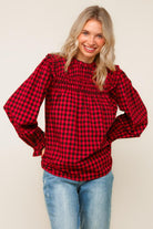 Haptics Red Frilled Mock Neck Gingham Check Woven Blouse