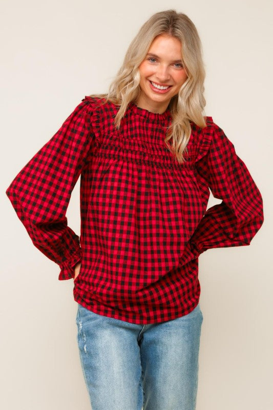 Haptics Red Frilled Mock Neck Gingham Check Woven Blouse