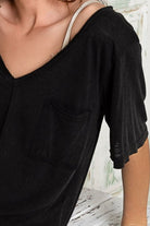 POL Black V-Neck Short Sleeve Slub Knit T-Shirt Trendsi