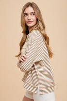 Annie Wear Taupe Striped Button Detail Long Sleeve Polo Top