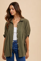 Annie Wear Olive Checkered Button Up Half Sleeve Shirt