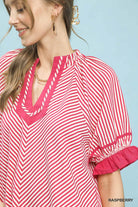 Umgee Raspberry Stripe Ruffle Sleeve Split-Neck Blouse