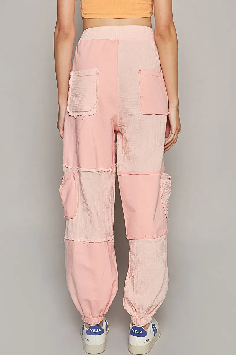 POL Blush Pink Drawstring Pocketed Contrast Linen Cargo Jogger Pants