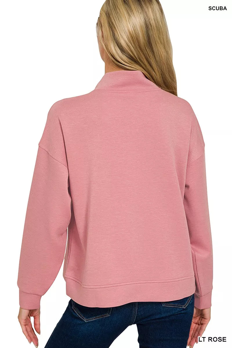 Zenana Light Rose Scuba Half Zip Pullover and Jogger Set