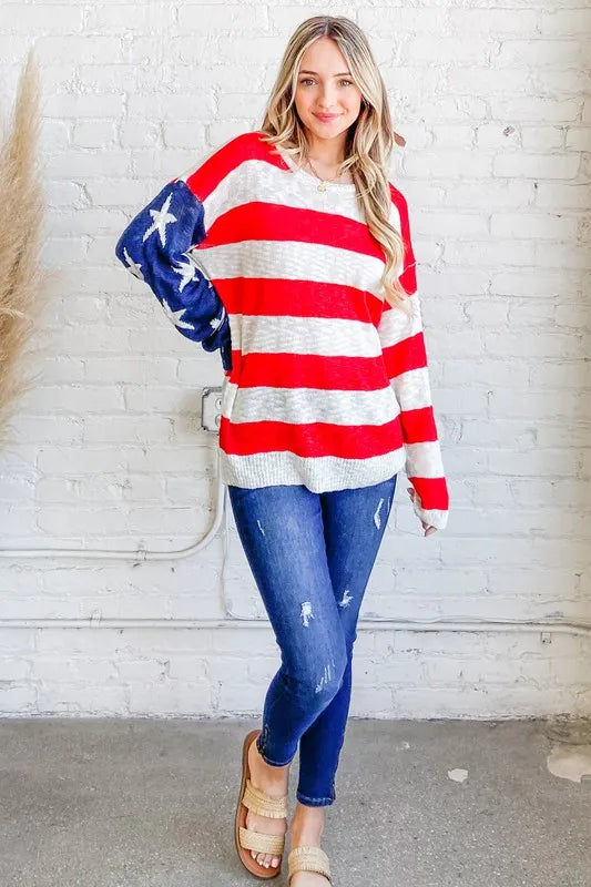 And The Why American Flag Long Sleeve Sweater RED NAVY