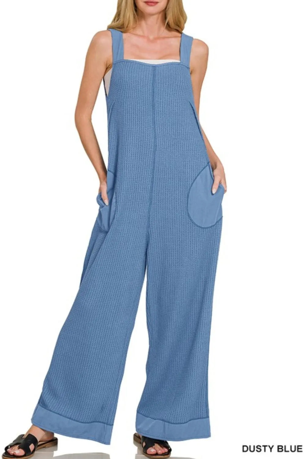 Zenana Dusty Blue Knit Waffle Wide Leg Overalls