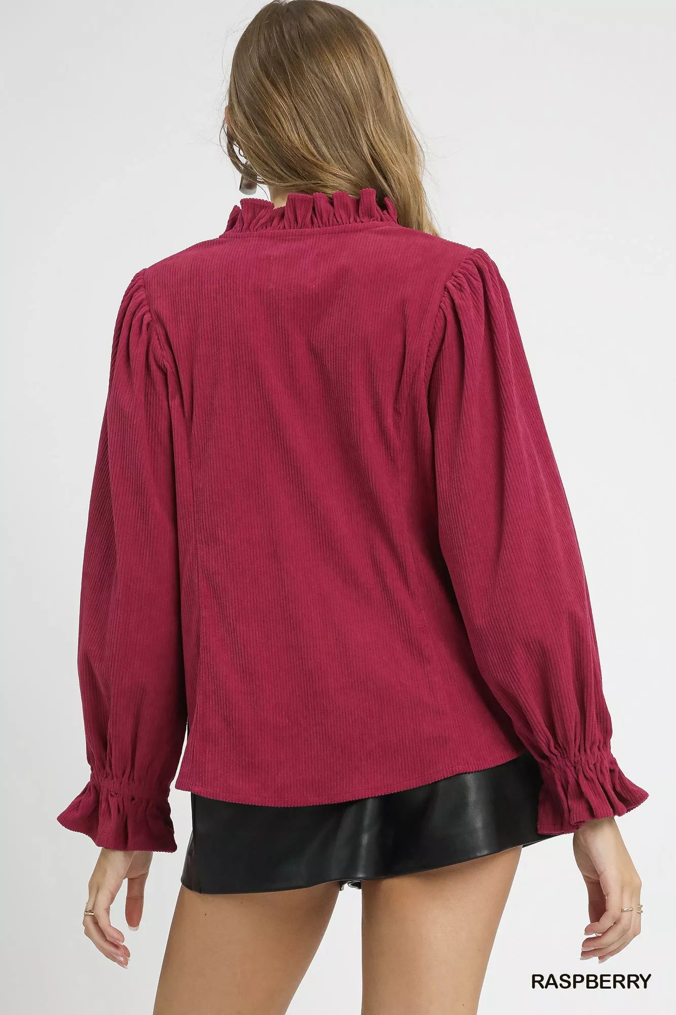 Umgee Raspberry Corduroy Ruffle Shirt with Long Puff Sleeves