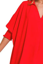 Zenana Tomato Red Airflow Collar Tee with Smocked Sleeve Band Top
