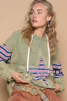 POL Dried Matcha Star Patchwork Raw Edge French Terry Hoodie Trendsi