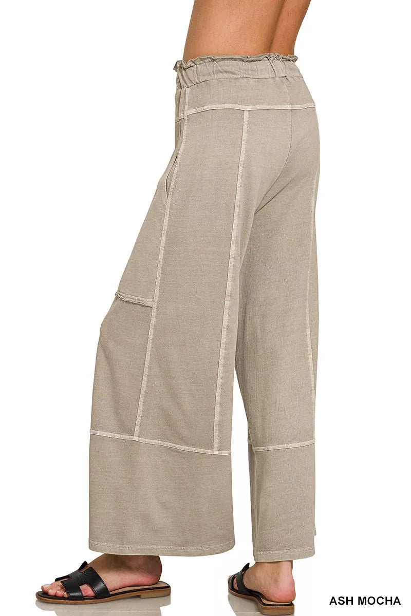 Zenana Ash Mocha French Terry Washed Exposed-seam Wide Leg Pants
