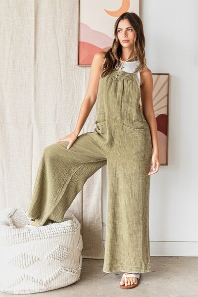 Mittoshop Olive Textured Wide Leg Overalls Olive