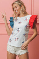 BiBi American Flag Sequin Stars Ruffled Sleeve Top