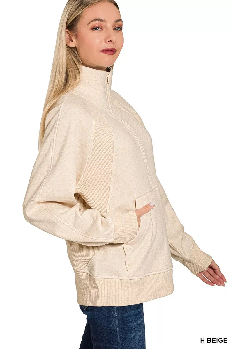 Zenana Heather Beige Half Zip Fleece Sweatshirt with kangaroo Pocket