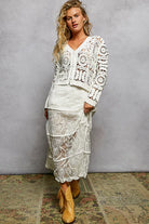 POL Button Down V-Neck Long Sleeve Cropped Crochet Cardigan