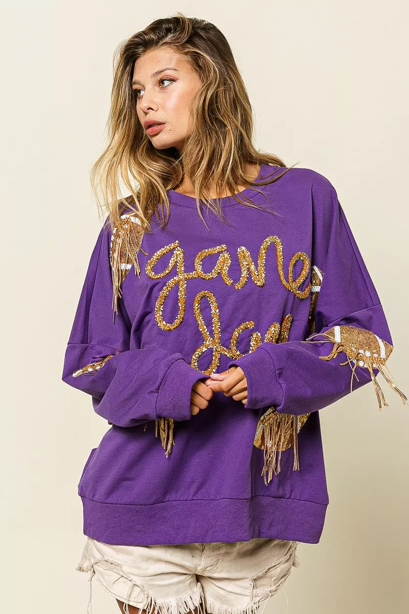 BiBi Purple & Gold Sequin Football Patches Game Day Sweatshirt