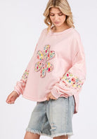 SAGE + FIG Blush Pink Daisy Patch Applique Long Sleeve Sweatshirt