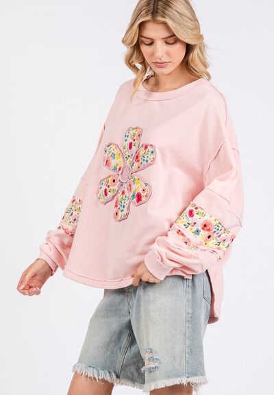 SAGE + FIG Blush Pink Daisy Patch Applique Long Sleeve Sweatshirt