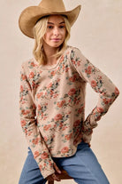 BiBi Taupe Floral Print Washed Waffle Thermal Top with Thumb