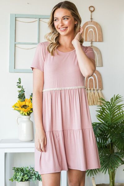 Heimish Dusty Rose Solid Mini Tiered Dress with Pompom Lace