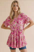 Haptics Fuchsia Frill Hem Babydoll Tiered Swing Floral Top