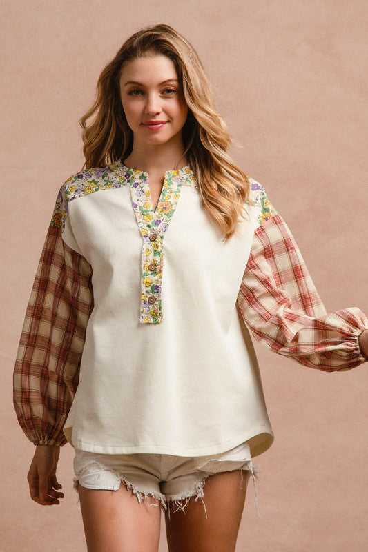 BiBi Ivory & Red Floral Notched Plaid Balloon Sleeve Top