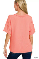 Zenana Coral Raised Rib Exposed Seam Short Sleeve Top