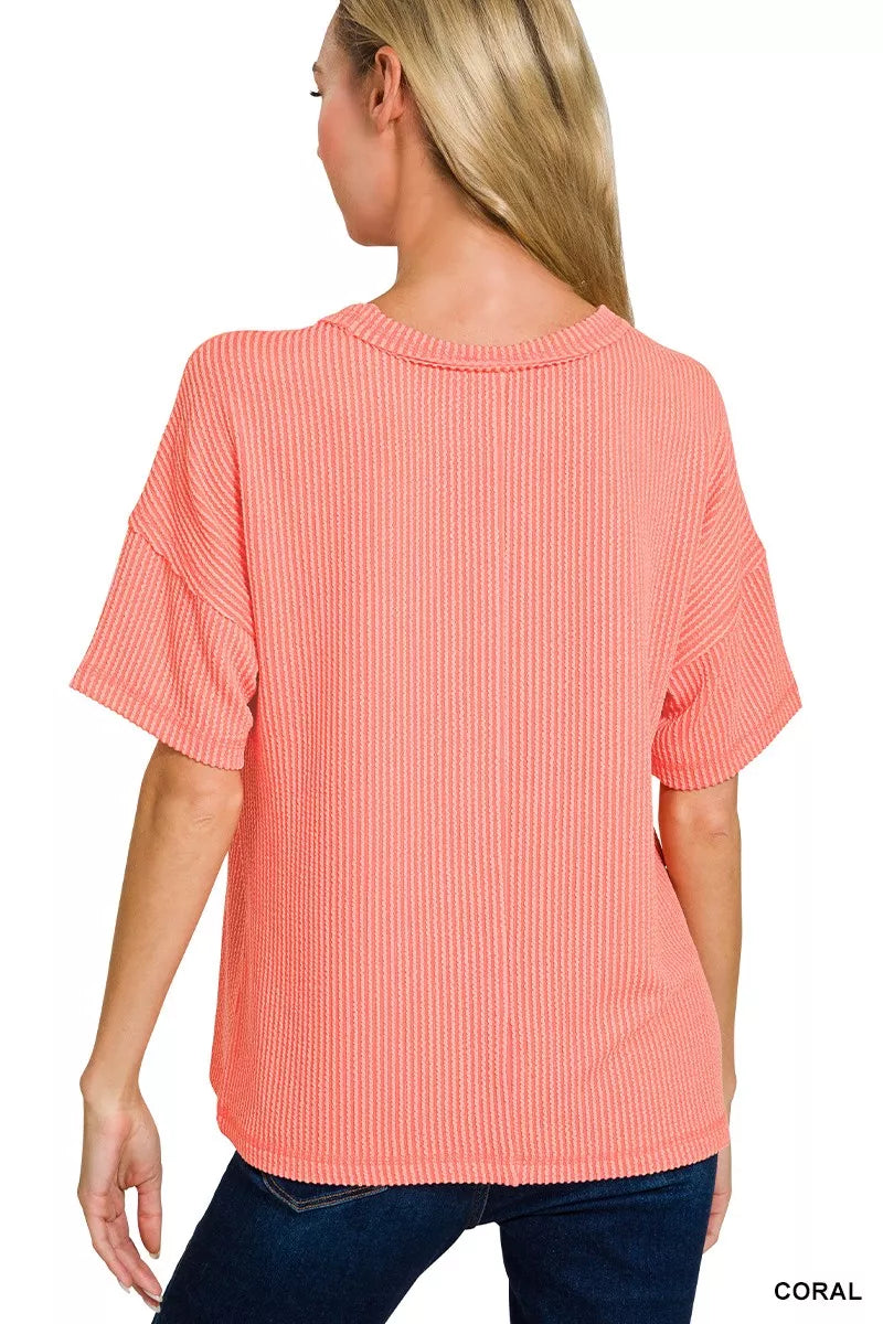 Zenana Coral Raised Rib Exposed Seam Short Sleeve Top
